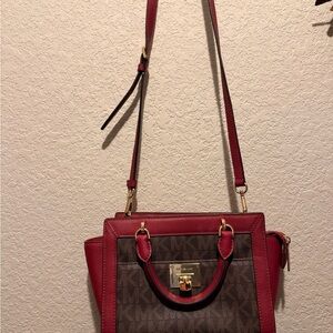 Michael Kors BrownRed Signature Coated Canvas and Leather Tina Tote